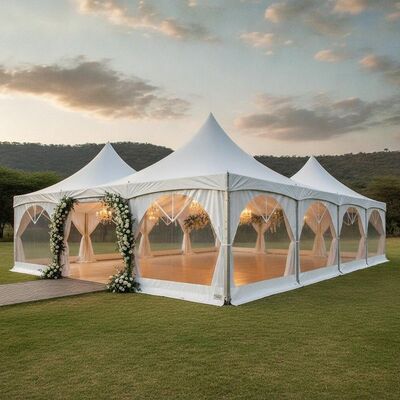 kaufen Luxuriöses Festzelt für Hochzeiten in Südafrika, eleganter Veranstaltungspavillon aus weißem PVC aus Aluminium, TÜV-zertifiziert, für Zeremonien im Freien Online-Herstellung