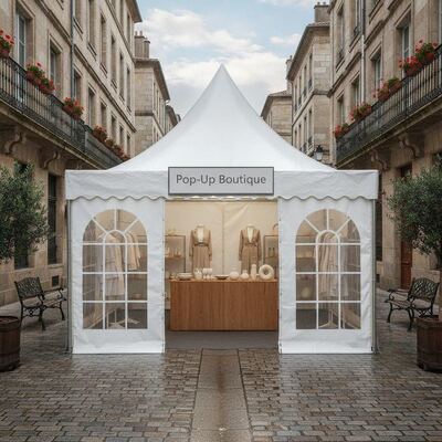 Pop-up-Einzelhandelsgeschäft, Festzelt, Schaufenster, temporäre Überdachungsstruktur für europäische Hauptstraßen