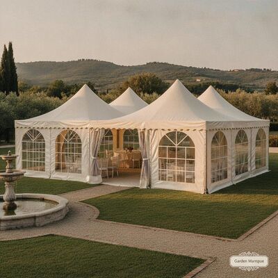 Elegante Gartenparty Marquee Zelt Aluminiumrahmen Creme Elfenbein Baldachin Panoramafenster Italienische Villa Außenrezeption