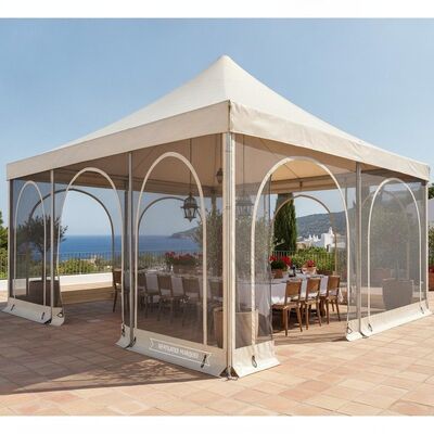 Belüftete Party-Festzelt-Zelte aus Aluminium mit Mesh-Seitenwänden für das Essen bei Outdoor-Events im spanischen Mittelmeerraum