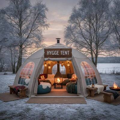 Dänische Hygge Gemütliche Veranstaltung Party Marquee Zelt Isolierte warme Atmosphäre Entwurf für Dänemark Outdoor-Sozialleben