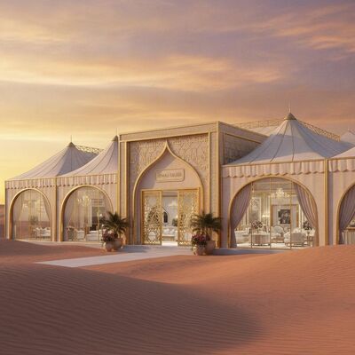 Luxuriöses Party-Festzelt für Hochzeiten in der arabischen Wüste, klimatisiert, Gold-Finish für königliche Feierlichkeiten in den Vereinigten Arabischen Emiraten